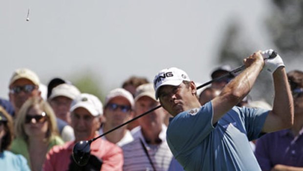 Lee Westwood tees off at the seventh hole during the second round of the US Masters.
