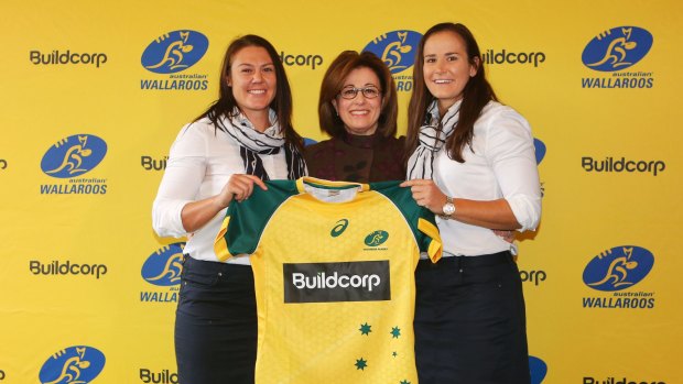 Helping hand: President of Australian Women's Rugby Josephine Sukkar with Wallaroos Sharni Williams and Shannon Parry. 