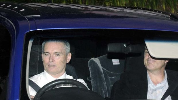 Speaking out ... Craig Thomson, left, arrives at Channel Nine's Willoughby studios yesterday.