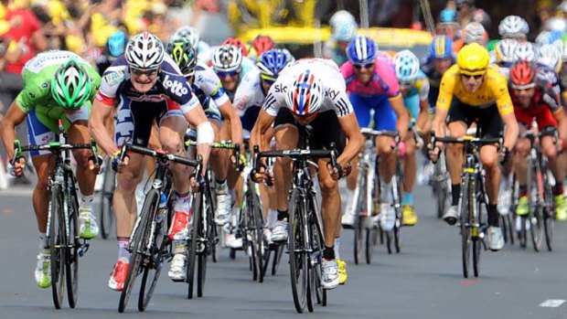 Stage winner, Germany's Andre Greipel (second left), sprints to the finish line.