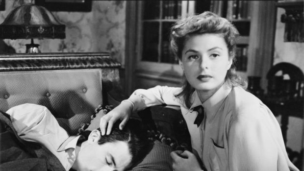 Ingrid Bergman and Gregory Peck in a scene from Alfred Hitchcock's psychological thriller, <i>Spellbound</i>.