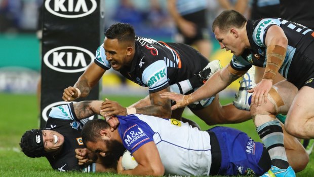 Try-time: Sam Kasiano forms part of the Bulldogs' giant forward pack.
