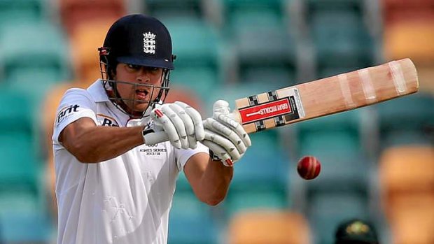 Timely ton: England skipper  Alastair Cook in full cry against Australia A in Hobart.