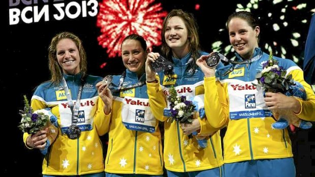 Emily Seebohm, Sally Foster, Cate Campbell and Alicia Coutts with Australia's 10th silver medal of the meet.