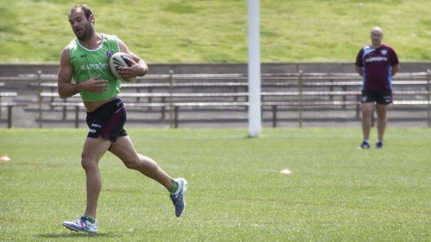Expected to play: Manly's Brett Stewart, pictured training at Brookvale Oval on Saturday, should play despite experiencing hamstring tightness.