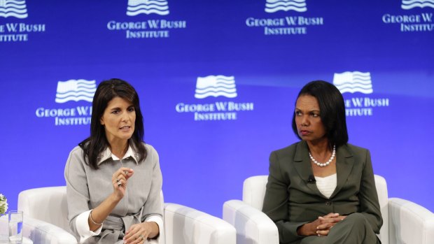 US Ambassador to the United Nations Nikki Haley, left, and former US Secretary of State Condoleeza Rice at the George W. Institute.