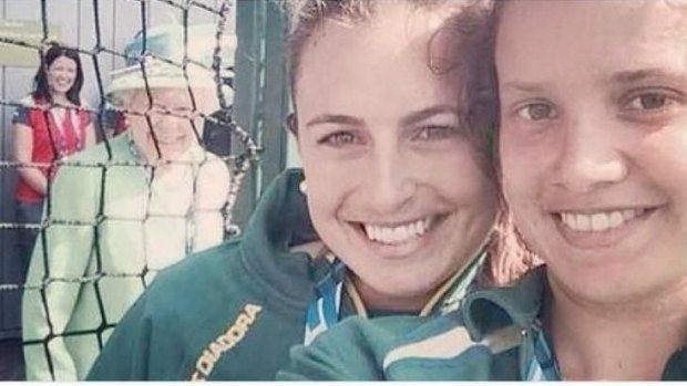 The Queen photobombs Hockeyroos Commonwealth Games selfie in July.