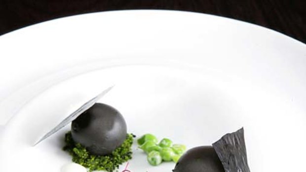 Bentley's black sesame and pea fondant with snowpeas and goats cheese.