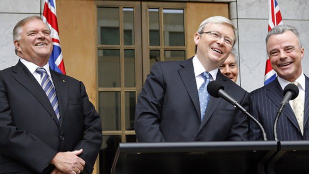The Prime Minister, Kevin Rudd, with Kim Beazley (left) and Brendan Nelson (right) after announcing they would both be given diplomatic posts