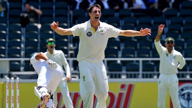 Debutant Pat Cummins appeals for an lbw against South African opener Jacques Rudolph.