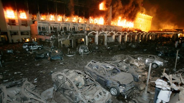 Fires burn following the 2008 Islamabad hotel bombing.