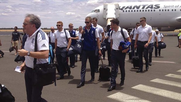 The England team arrives in Alice Springs on Tuesday.