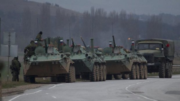 Russian armored personnel carriers near the town of Bakhchisarai, Ukraine.
