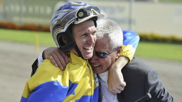 History beckons: Driver Gary Hall Jnr (left) celebrates with his father Gary Hall after driving Im Themightyquinn to victory in the Inter Dominion last year.