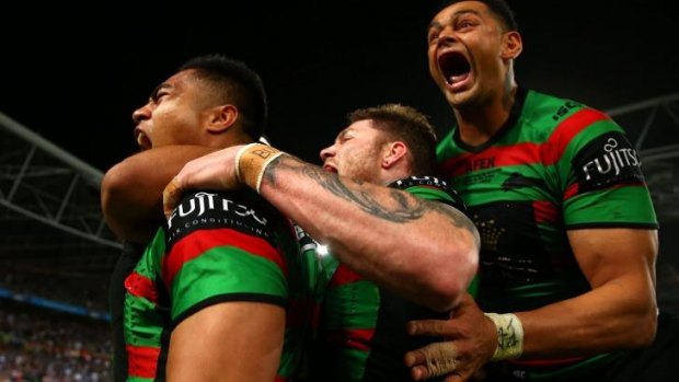 Worth the wait: The Bunnies celebrate Kirisome Auva'a's late try.