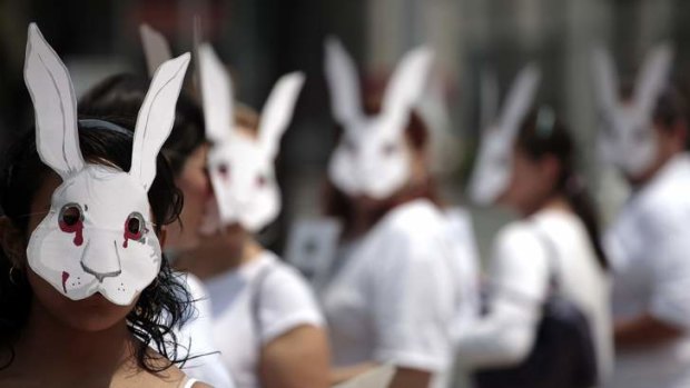 Tried and tested: Activists from an animal rights group protest against animal testing.