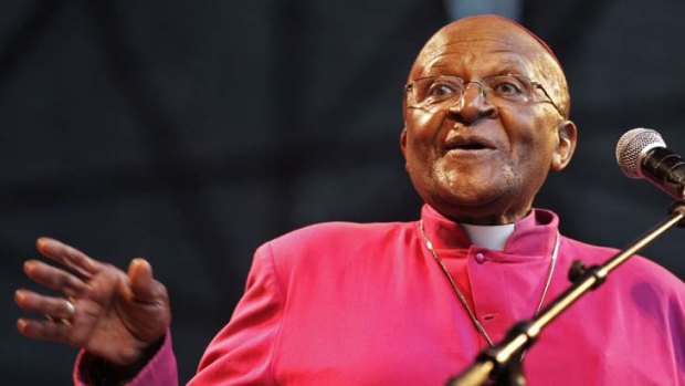 South African Archbishop Desmond Tutu speaks during a climate justice rally in Durban, South Africa.
