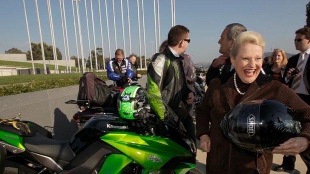 Leader of the pack: Bronwyn Bishop prepares for a ride around Canberra as part of the annual Federal Members and Senators Motorcycle Ride.