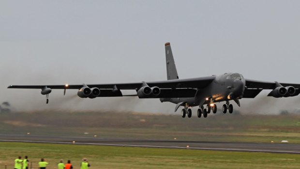 A US Air Force B-52 lands.