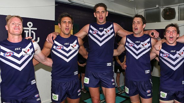 Aaron Sandilands, centre, is ready to prove a point when the Dockers take on Geelong this weekend.