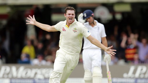 You beauty: Josh Hazlewood celebrates after dismissing England's Ian Bell at Lord's.