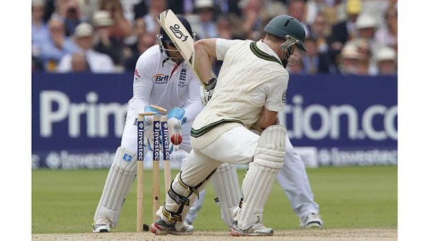 Chris Rogers is bowled by Graeme Swann (not in picture) to leave Australia two down for not many.