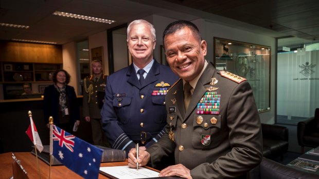 Commander-in-Chief of the Indonesian National Defense Force General Gatot Nurmantyo and Chief of Defence Force Air Marshal Mark Binskin in Canberra last year.