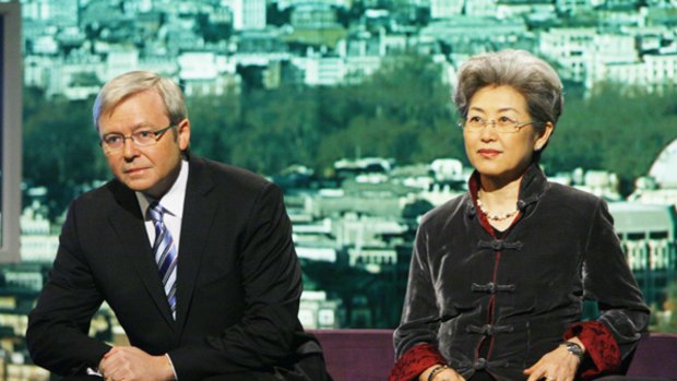 Not too close ... Kevin Rudd and Fu Ying on the BBC yesterday.