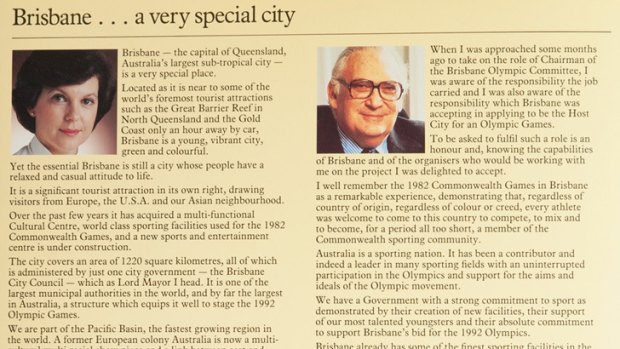 Brisbane Lord Mayor Sallyanne Atkinson and Sir Peter Abeles, the chairman of the Brisbane Organising Committee for the 1992 games, plead their cases. <B><A href= http://images.brisbanetimes.com.au/file/2012/07/27/3495523/book-6.jpg?rand=1343340719806 > READ IT IN FULL </a></b>