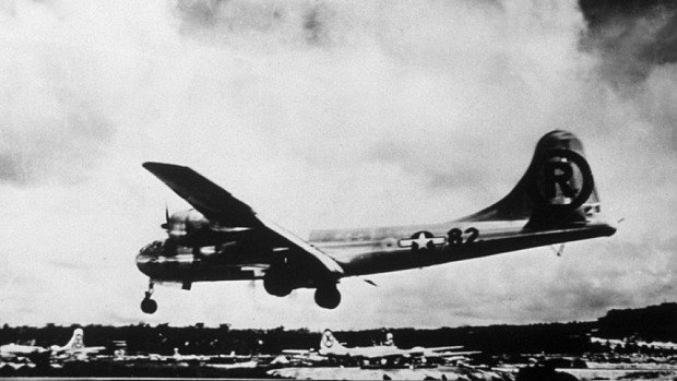 A B-29 Superfortress that had taken off from the Pacific island of Guam was rammed by a Japanese fighter on May 5, 1945.