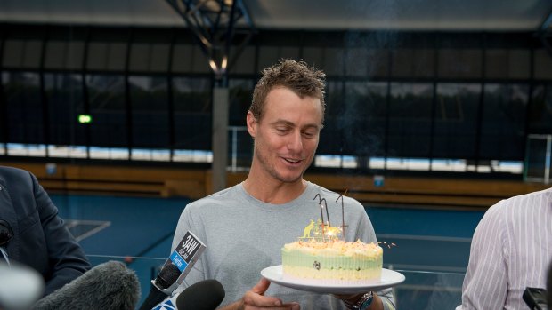 Birthday boy: Lleyton Hewitt at the National Tennis Centre at Melbourne Park on Tuesday.
