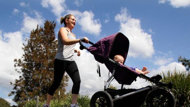 Peita Mages with her 9 month old daughter, Lola, going for a run at her local park in Hurstville with the pram to combine motherhood with regular excercise.