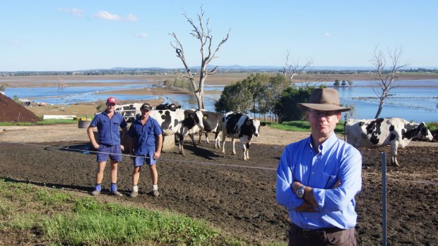 Retired army Brigadier Darren Naumann with farmers David and Tony Vollmer during last month's floods in the Hunter Valley.
