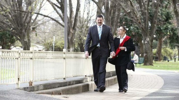 Former member for Eden Monaro Mike Kelly with his wife Rachelle Sakker-Kelly  after announcing his defeat to the Federal Election at Queanbeyan Park.