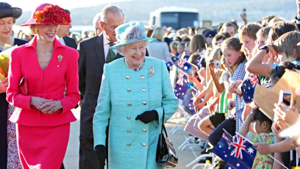 Royal chic ... Quentin Bryce welcomes the Queen to Australia - in regal style.