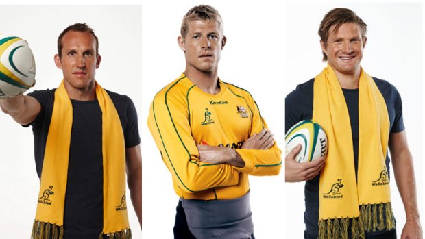 Waving the flag ...  footballer Mark Schwarzer, left, Mick Fanning, centre and Shane Watson have joined stars in backing the Wallabies’ 2011 World Cup campaign.