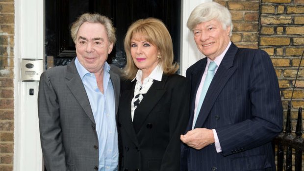 Lawyer Geoffrey Robertson, QC, (right) with former model Mandy Rice-Davies (centre) and composer Andrew Lloyd-Webber, before a press conference to launch Robertson's book entitled <i>Stephen Ward was Innocent, OK</i> in London.