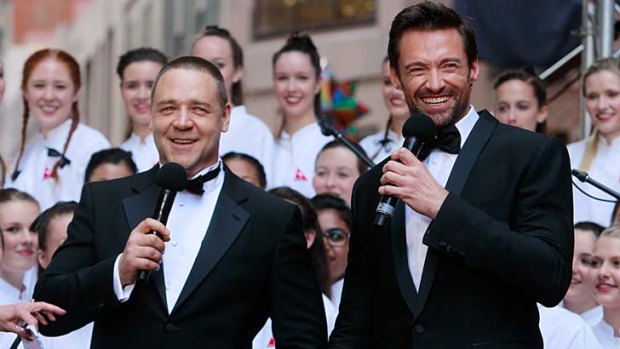 Local products ... Russell Crowe and Hugh Jackman at the Sydney premiere of Les Miserables.