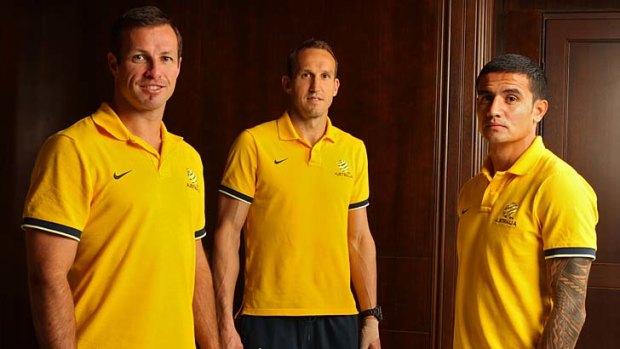 Socceroos Lucas Neill (captain, left), Mark Schwarzer and Tim Cahill.