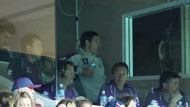 On hold &#8230; Billy Slater and Cameron Smith in the coach's box.