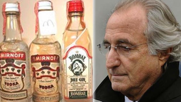 To be auctioned off - a selection of 2-ounce bottles of Smirnoff vodka, Bombay Gin and Grand Marnier liqueur owned by Bernard Madoff