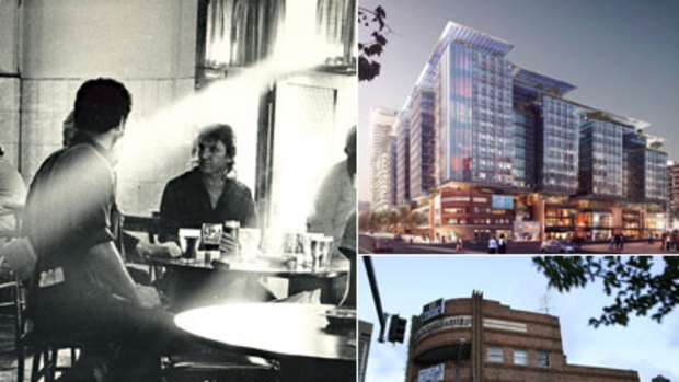 Left: Stirred up memories  ...  a historic shot of drinkers in the pub in 1987. Top: Big and shiny ... an artist’s impression of the development. Bottom: Young revellers ... the hotel must close by January 22.