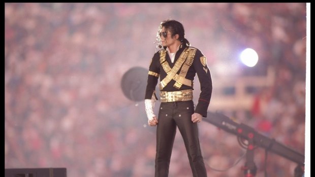 Singer Michael Jackson performs in 1993 during halftime at the Super Bowl.