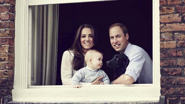 The Duke and Duchess of Cambridge with their son Prince George and dog Lupo photographed at Kensington Palace.