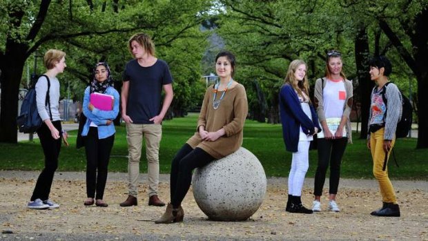 ANU students are of the view that under-funded universities will fail to attract students.  From left; Christina Sanderson, Hiba Akmal, Sam Robinson; ANU Student Association President Alek Sladojevic, at centre; Alice Mackie, Holy Asquith and Palmo Tenzin.