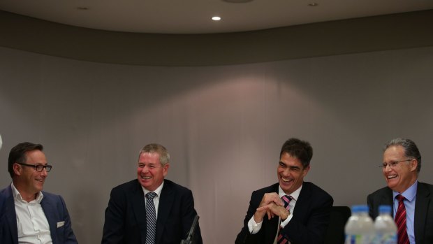 Present and former regional banking chiefs at Suncorp headquarters in Sydney at the start of the Murray inquiry. From left, former BoQ chief Stuart Grimshaw, Bendigo and Adelaide Bank managing director Mike Hirst, ME Bank chief executive Jamie McPhee and Suncorp Bank chief executive John Nesbitt. 