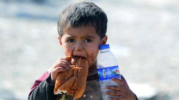 A displaced Iraqi boy from the Yazidi community eats a piece of bread and holds a bottle of water after escaping from Islamic State militants with his family.