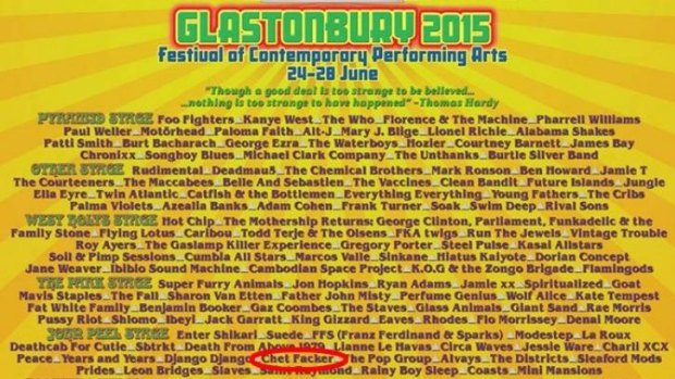 The full Glastonbury Festival line-up poster, starring Chet Facker.