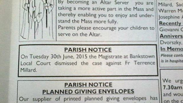 Misleading: An incorrect parish notice which wrongly told the church community that the case against Father Millard had been dismissed.