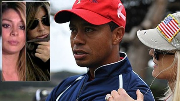 Tiger Woods with his wife Elin Nordegren and inset, Jaimee Grubbs, who says she had an affair with him,  and Rachel Uchitel, who says she didn't.